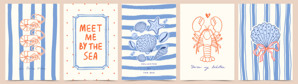 Summer nautical poster set with hand drawn lobster, shrimp, seashells on striped and polka dot backgrounds. Coastal templates in vintage mediterranean style for greeting cards and wall art.
