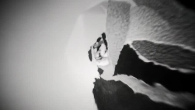 Dynamic macro video of decaying black and white textured paper and torn posters with harsh chiaroscuro lighting, pushing into abstract patterns, creating a raw grunge aesthetic of urban decay.