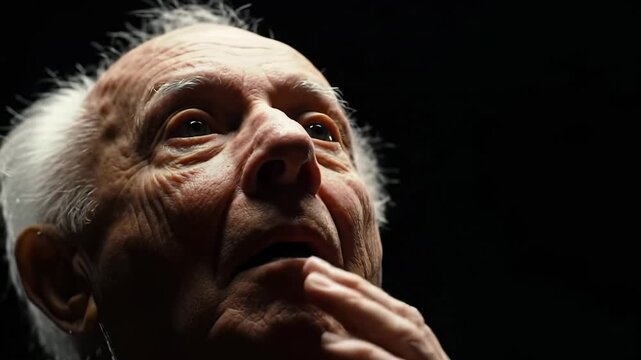 Close-up video of an elderly caucasian man (70s) in a black void, low angle, with harsh chiaroscuro lighting, expressing profound awe and shock. Intense emotional reaction concept