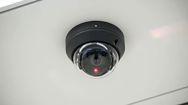 A modern surveillance camera is mounted on a white ceiling, indicating security