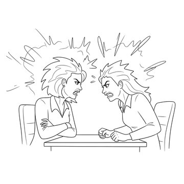 Illustration of a heated confrontation between two furious women in a professional or business setting, depicting intense verbal dispute and emotional stress at a meeting table