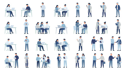 Fototapeta premium A collection of diverse business professionals engaged in various collaborative and individual work activities within an office setting.