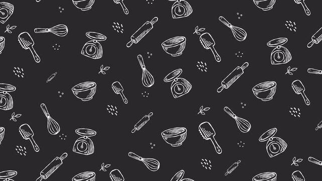 Baking, kitchen, cooking tools doodle seamless pattern background animation set for restaurant. Motif pattern animation of whisk, rolling pin, bowl, spatula, scale hand drawn illustration for cafes