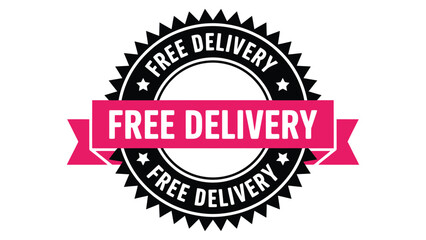 Obraz premium Free Delivery Promotional Badge with Pink Ribbon Banner Circular Seal Stamp Label Isolated on White Background