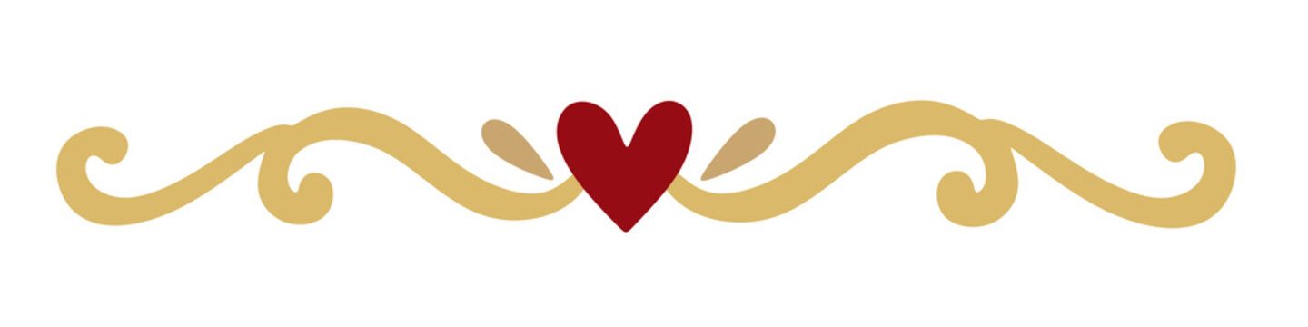 Elegant Swirls and Heart Ornament Decorative Element with Golden Flourish and Red Symbol