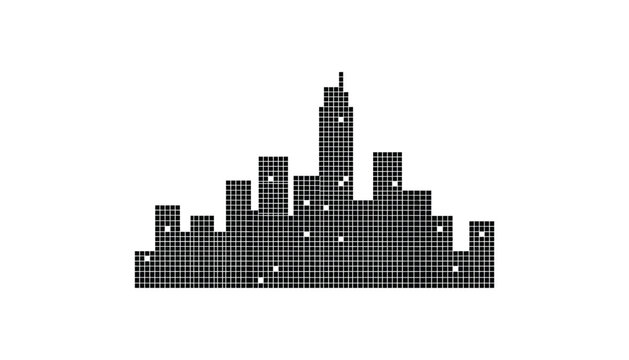 Black and white pixelated city skyline with grid pattern
