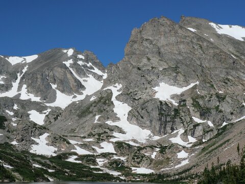 Shoshoni Peak above Lake Isabelle with summer snow patches, Indian Peaks Wilderness, Colorado