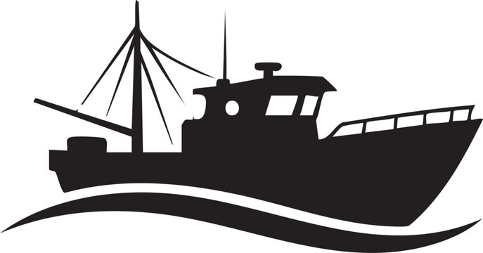 Black silhouette ship sailing on waves