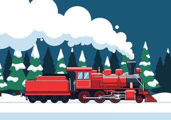 Red steam locomotive traveling through a snowy pine forest © Joan