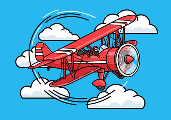 Red vintage biplane pilot performing stunt in clear blue sky © Joan