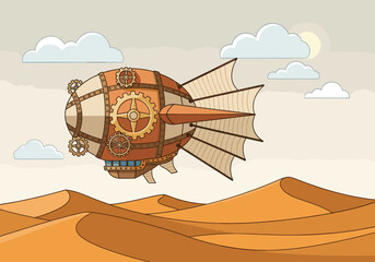 Steampunk airship flying over desert sand dunes vector illustration © Joan