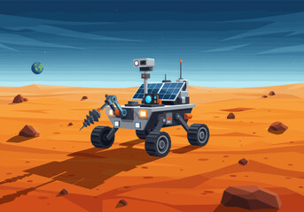 Space rover exploring red planet surface with Earth in sky © Joan