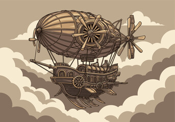 Steampunk airship flying through clouds in vintage sepia style © Joan