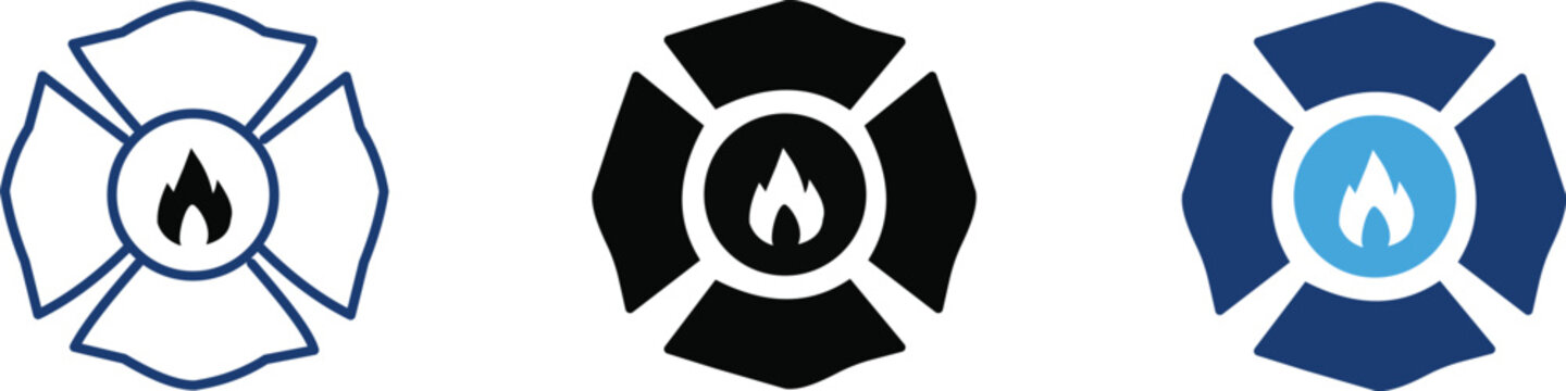 Firefighter maltese cross icons set, fire department emblem vector collection, emergency service badge symbols in black and blue colors