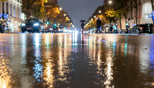 Rain soaked city boulevard at night with glowing streetlights and reflections.