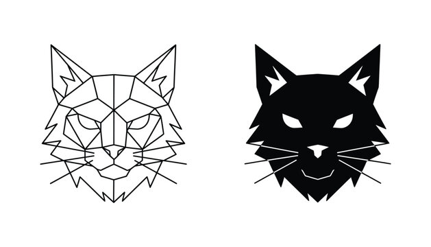 Geometric fox head portrait vector icon in outline and solid black styles for modern animal logo and creative wildlife graphic design