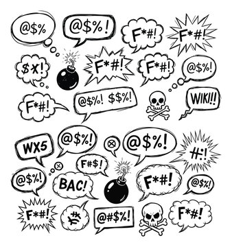 Hand drawn comic book explosions speech bubbles and danger symbols collection