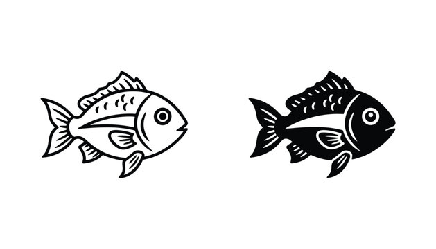 Simple fish silhouette icon set showing swimming carp style in black and white vector format suitable for aquatic branding and marine life graphics
