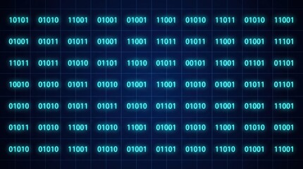 Fototapeta premium Glowing cyan binary code data stream background featuring digital arrays of zeroes and ones arranged in a structured grid pattern for modern tech communication and cybersecurity concept visualization