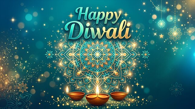 Vibrant Diwali celebration illustration featuring glowing lamps and intricate mandala designs with a festive ambiance filled