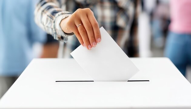 A person is casting a vote by placing a ballot into a white ballot box during an election.