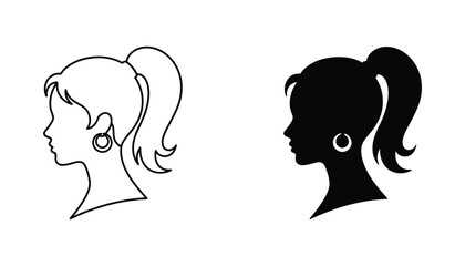 Profile silhouette of woman with ponytail and hoop earring in linear and solid black styles for beauty branding and salon icons © Quantum