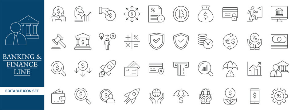 Banking and Finance Line Icons Set, Fintech Money Payment Outline Vector Collection Editable Stroke