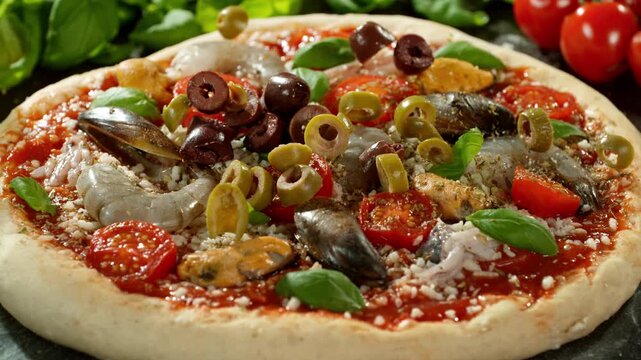 Super Slow Motion of Falling Olives on Pizza Dough . Closeup of Pizza Preparation