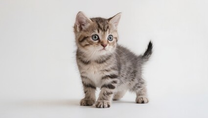 Obraz premium A brown tabby kitten standing alert on a plain white background lookin.