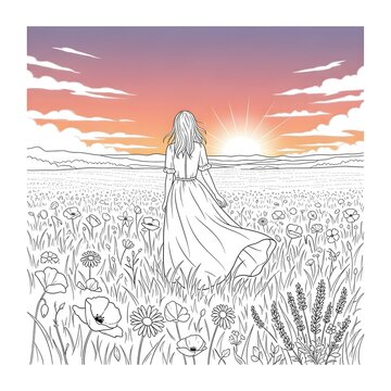 A woman in a flowing dress stands in a field of wildflowers, facing a vibrant sunrise, evoking a sense of peace and new beginnings