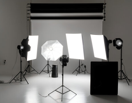 Professional photo studio setup with softboxes strobe lights and backdrop.