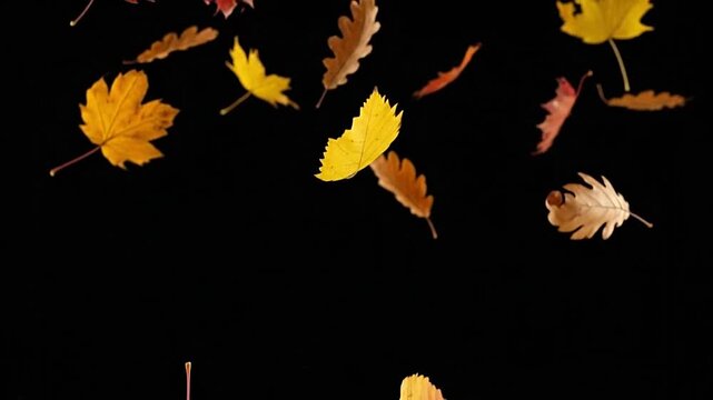 Colorful autumn leaves falling against a dark background