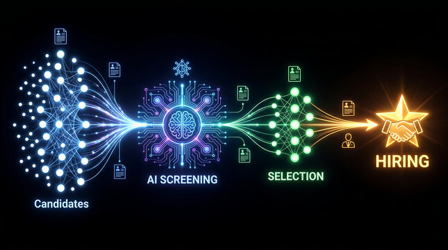 Ai powered recruitment process transforming candidate selection from initial screening through intelligent analysis to final hiring visualizing data flow and human resources