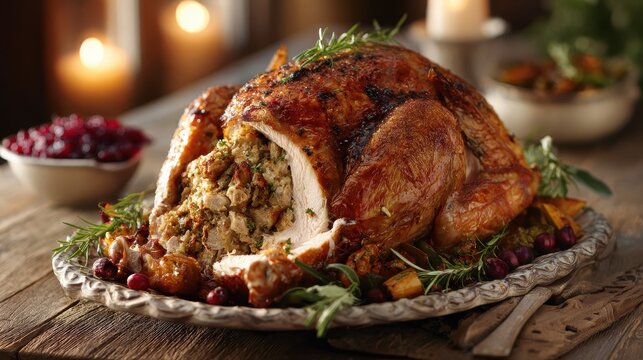 Golden roasted turkey on a rustic wooden table with savory herb stuffing
