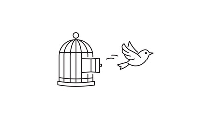 Bird Flying Out of an Open Cage Minimalist Black Line Vector Icon on White Background. Symbol of Freedom, Liberty, and Release. Editable Stroke Illustration for Web Design and Graphic Projects. © Helena