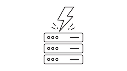 Chaos Engineering Minimalist Black Line Vector Icon of a Lightning Bolt Striking Server Racks on White Background, Representing System Failure, Power Surge, and Resilience with Editable Stroke. © Helena
