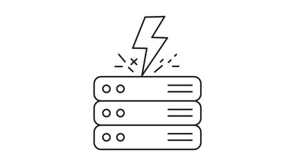 Chaos Engineering Concept with Lightning Bolt Striking Server Rack Stack, Minimalist Black Line Vector Icon Illustration for Data Center Failure or Power Surge, Editable Stroke, White Background © Helena