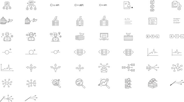 50 Minimalist Black Line Vector Icon Bundle for Software Development, DevOps, and Data Analytics, Featuring Editable Stroke for Customizable Line Weight, API, Cloud, and Coding Icons Collection
