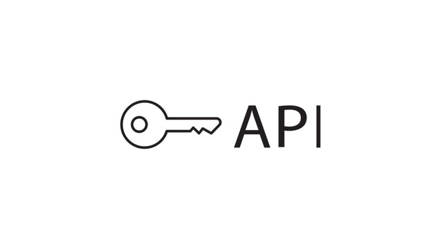 API Key Minimalist Black Line Vector Icon on White Background. This scalable illustration features a small key next to the text API and includes an editable stroke for easy customization.