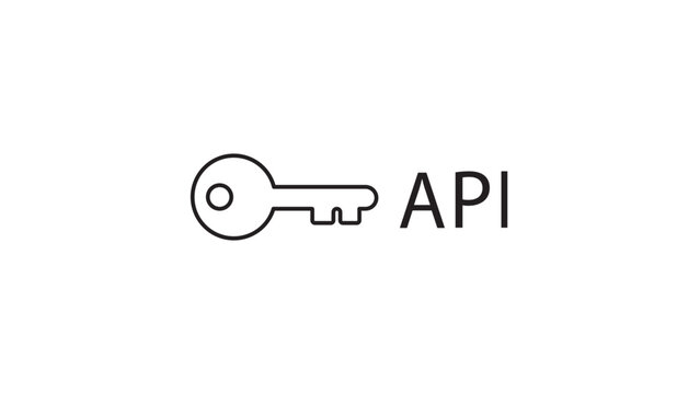 API Key Minimalist Black Line Vector Icon on White Background. This professional illustration features a small key next to the text API with Editable Stroke for customizable line weight.