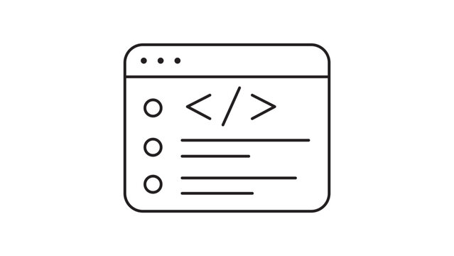 Minimalist Code Snippet and Web Development Browser Window Vector Icon Illustration with Editable Stroke, Featuring Programming Symbols and Script Lines for Software Engineering and Coding.