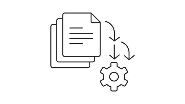 Batch Processing and Data Automation Vector Icon Illustration with Editable Stroke. Minimalist black line art showing a stack of documents being processed by a gear for business workflow.