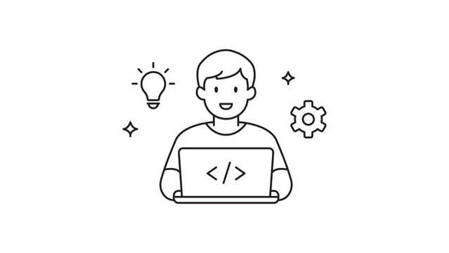 Minimalist black line vector icon of a happy software developer working on a laptop with coding symbols, lightbulb idea, and gear icons. Features an editable stroke for easy customization.
