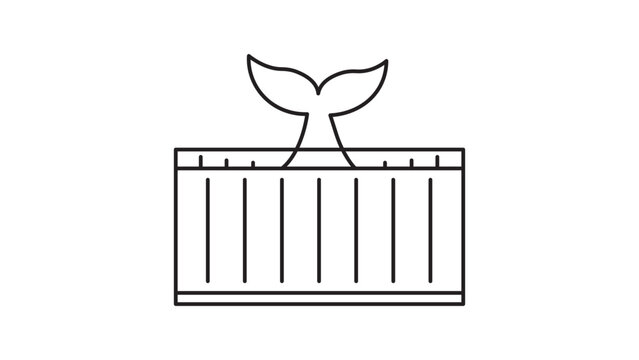 Docker container concept vector icon with a whale tail and shipping crate. Minimalist black line illustration with editable stroke for software development, cloud computing, and web design.