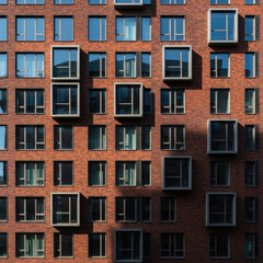 Naklejka premium A modern red brick building with numerous windows and a unique architectural design