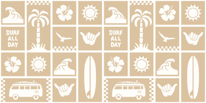 Seamless coastal icon pattern with palm trees, waves and surf elements. Minimal beach design in warm tones, perfect for packaging, textiles and summer branding.