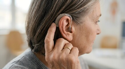 Fototapeta premium A person is sitting in a well-lit room, adjusting their hearing aid with one hand. They appear focused on getting it right while sitting calmly. The atmosphere is homey and cozy