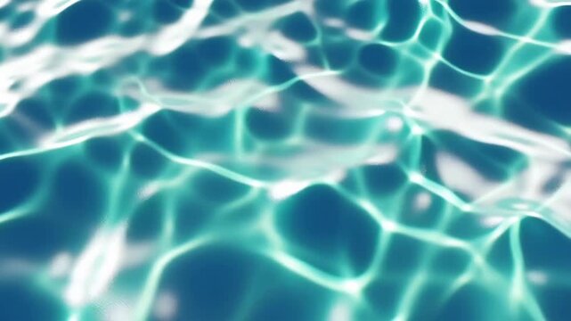 Rippling water caustics light pattern. Bright turquoise and cyan reflections dance on moving waves. Slow motion abstract aqua background