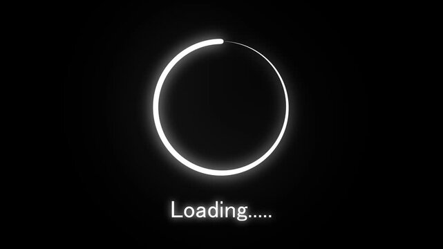 Glowing white loading circle animation with text Loading....." on a dark black background representing a waiting process or buffering state in digital interfaces and web applications Keywords
