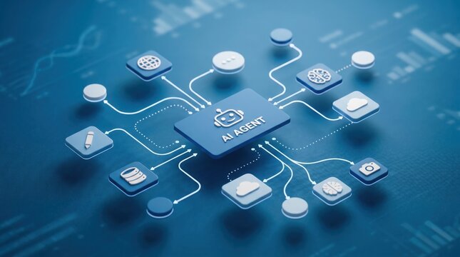 Ai agent centralized system network diagram showing integrated digital services and workflow automation processes with glowing blue nodes and connected data icons on a sophisticated abstract tech